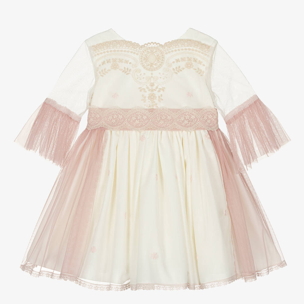 Abuela Tata Babies' Girls Ivory & Pink Embroidered Tulle Dress
