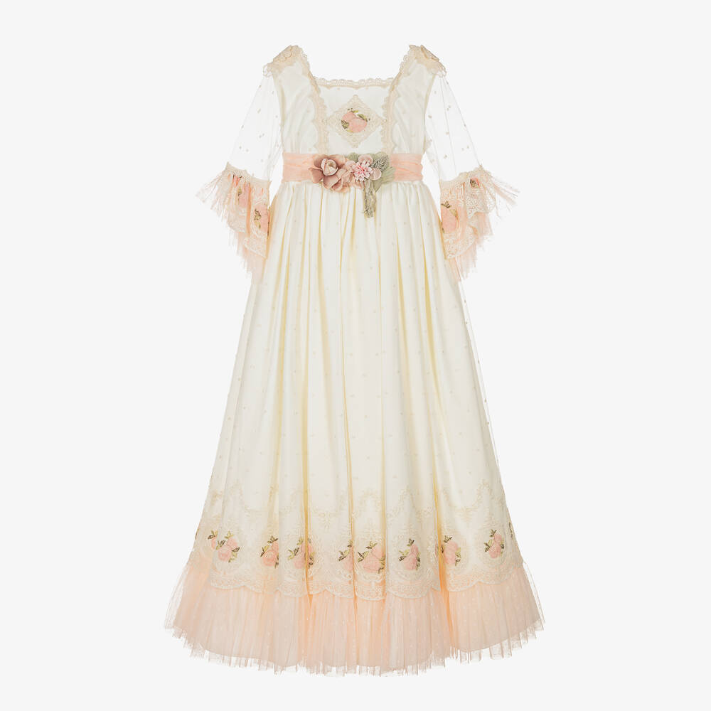 Abuela Tata - Girls Ivory & Pink Floral Tulle Dress | Childrensalon