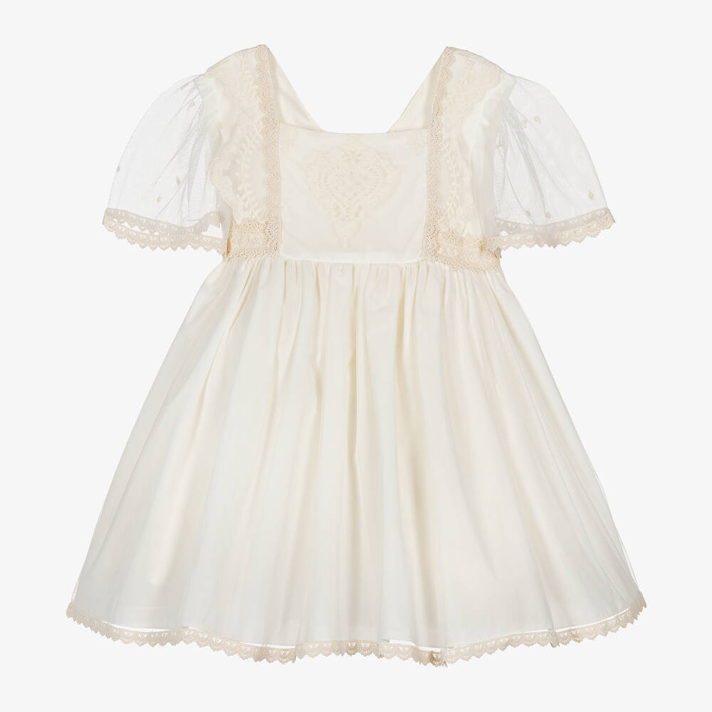 Abuela Tata Babies' Girls Ivory Tulle Embroidered Dress