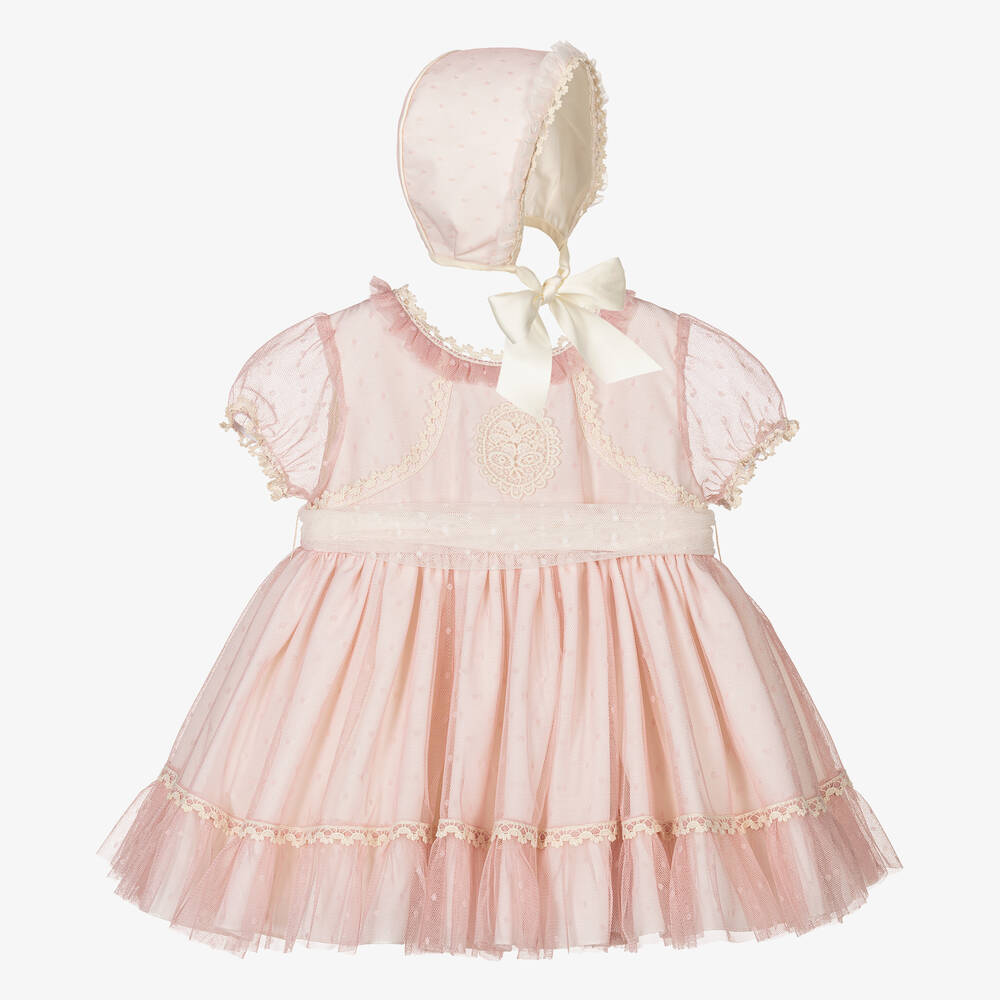 Abuela Tata Babies' Girls Pink & Ivory Tulle Dress Set