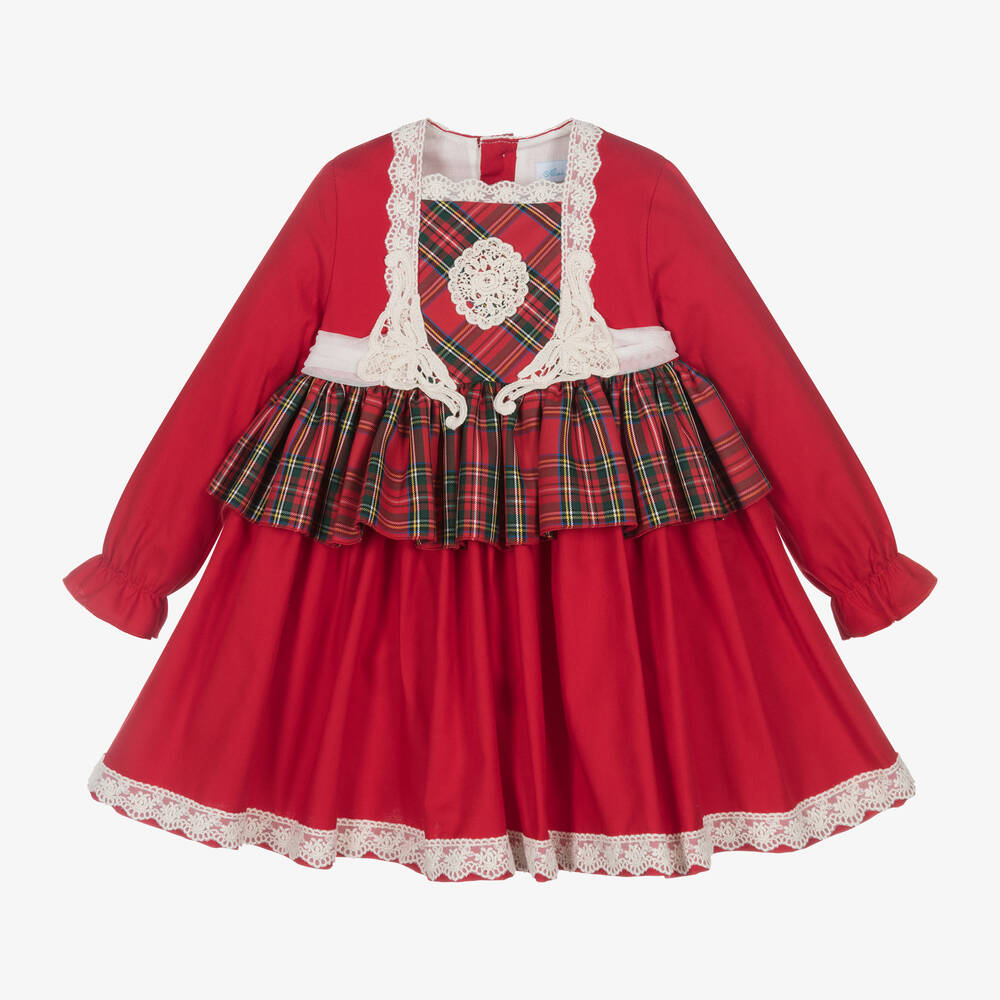 Abuela Tata - Girls Red Cotton Tartan Dress | Childrensalon