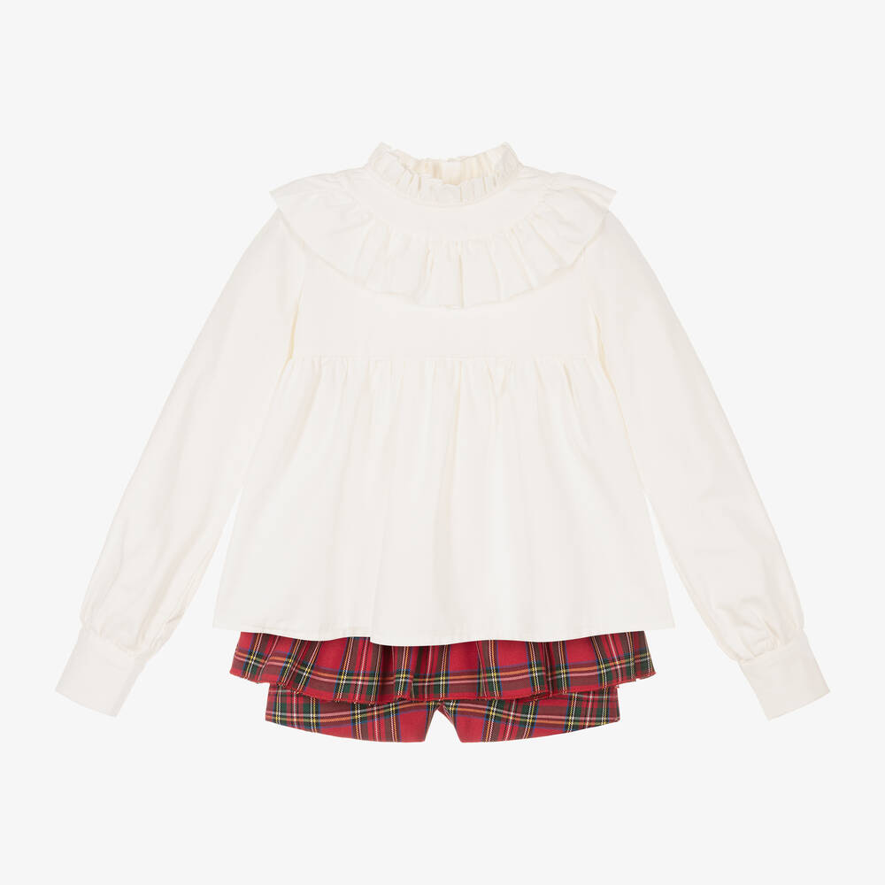 Abuela Tata - Girls Red Tartan Cotton Shorts Set | Childrensalon