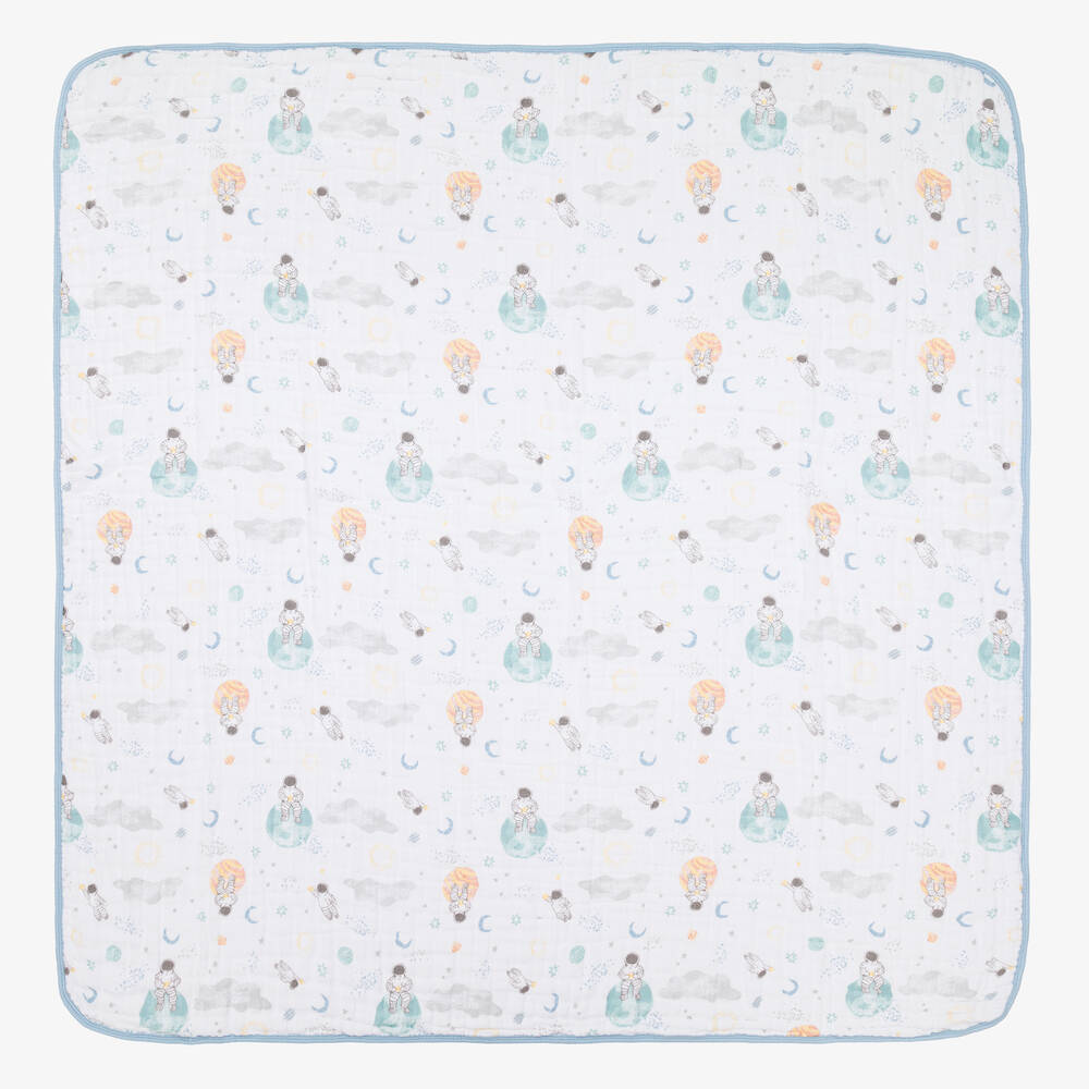 aden + anais - White & Blue Muslin Blanket (105cm) | Childrensalon