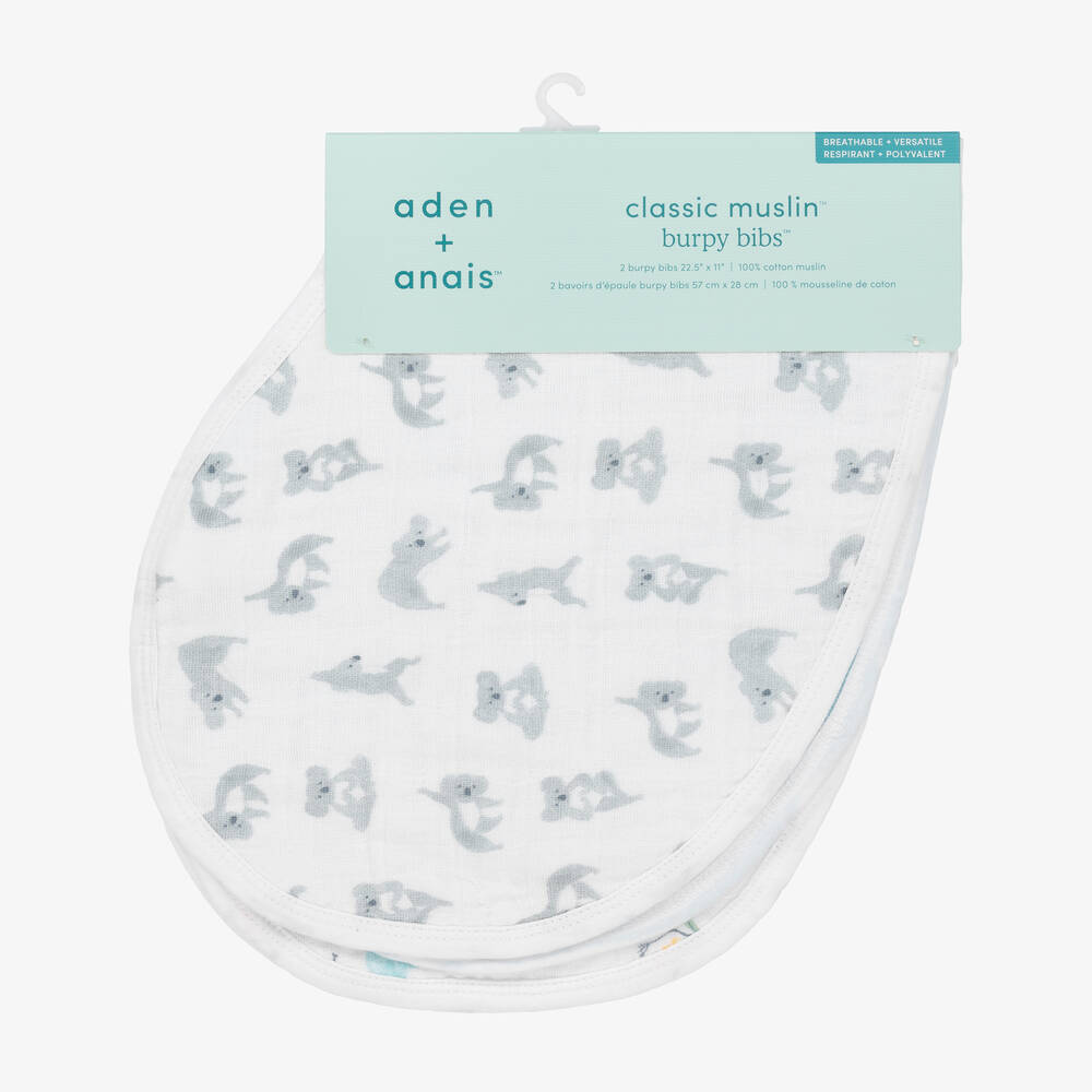 aden + anais - Lot de 2 bavoirs d'épaule blanc et gris koala en mousseline de coton  | Childrensalon