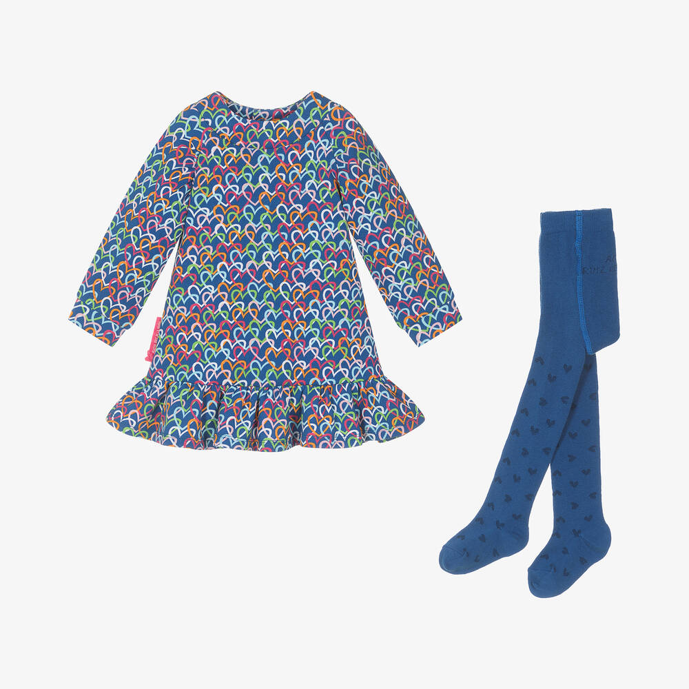 Agatha Ruiz de la Prada - Girls Blue Heart Print Cotton Dress Set | Childrensalon