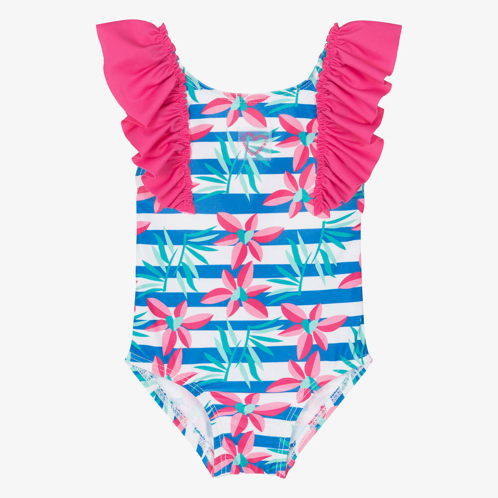 Agatha Ruiz de la Prada - Girls Blue Stripe & Pink Floral Swimsuit | Childrensalon