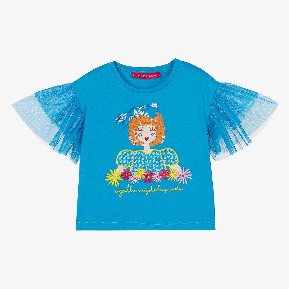 Agatha Ruiz De La Prada Kids'  Girls Blue Tulle Sleeve Cotton T-shirt