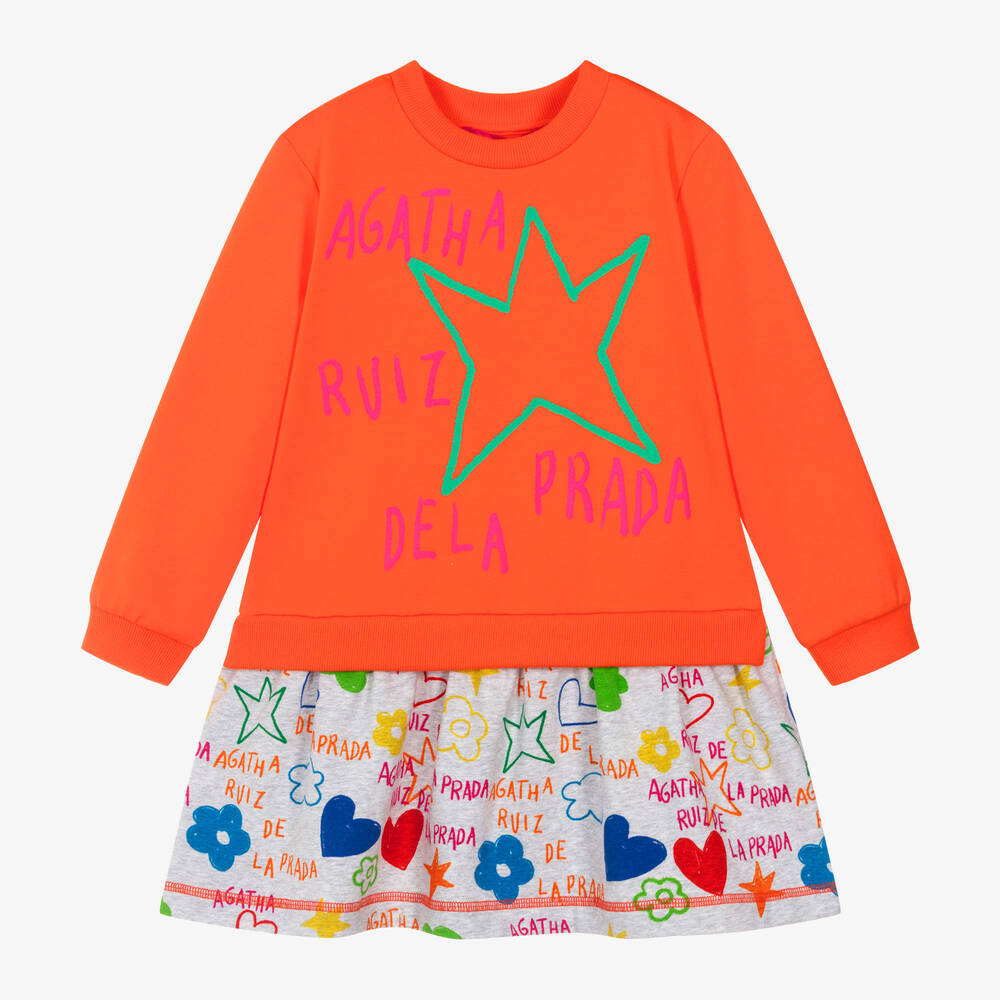 Agatha Ruiz de la Prada - Girls Orange & Grey Cotton Star Dress | Childrensalon