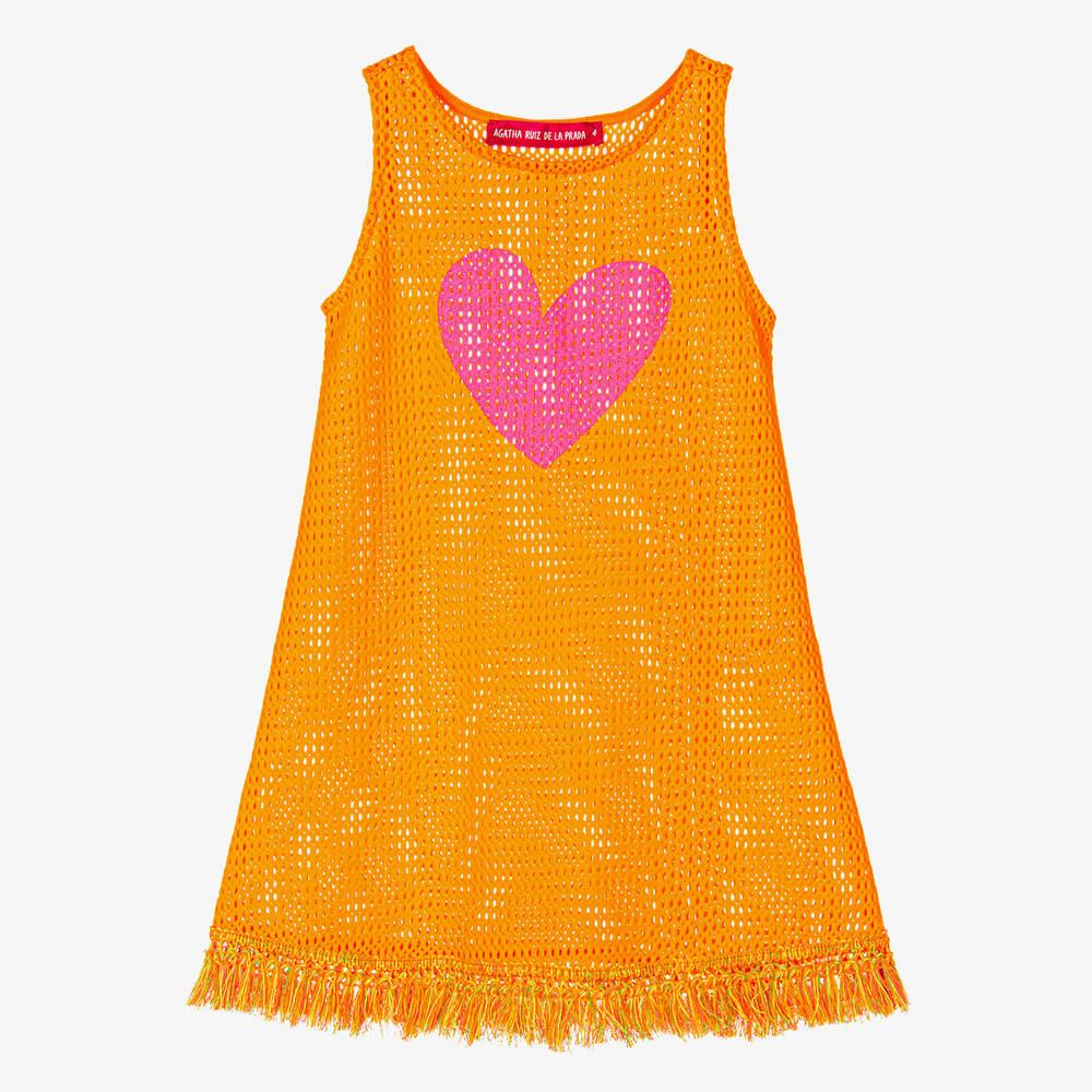 Agatha Ruiz de la Prada - فستان شاطئ بطبعة قلوب قطن لون برتقالي فاقع | Childrensalon