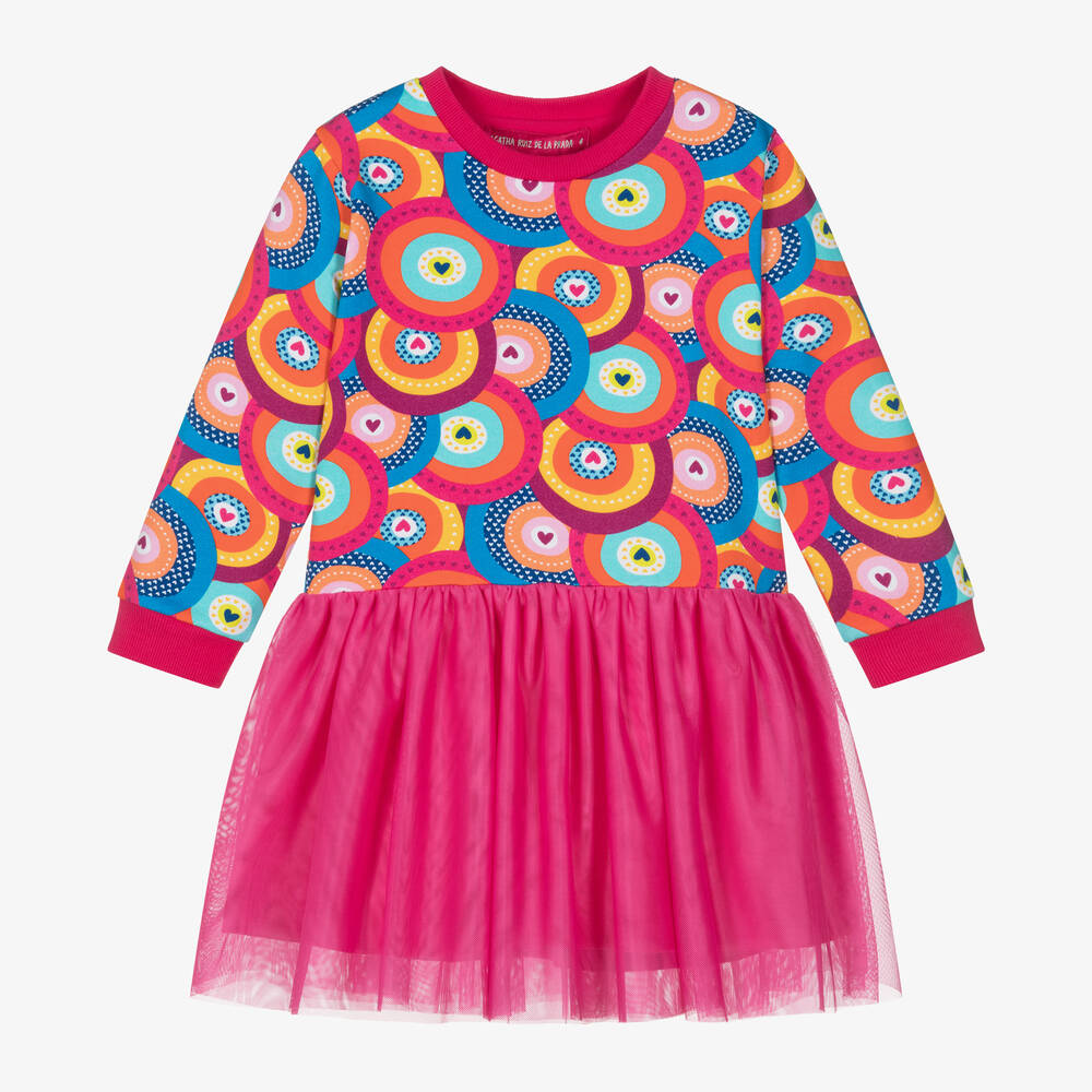 Agatha Ruiz de la Prada - Girls Pink Cotton & Tulle Circle Print Dress | Childrensalon