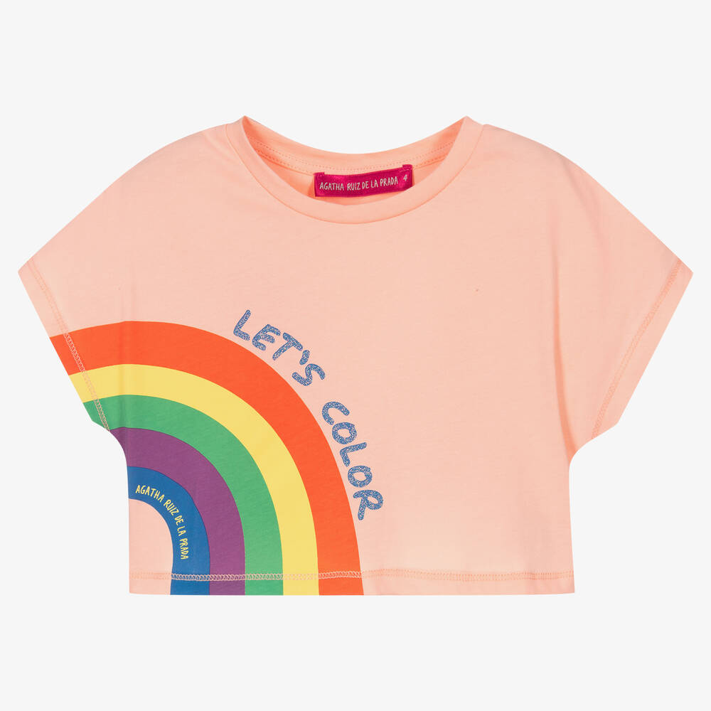 Agatha Ruiz De La Prada Babies'  Girls Pink Cropped Cotton Rainbow T-shirt