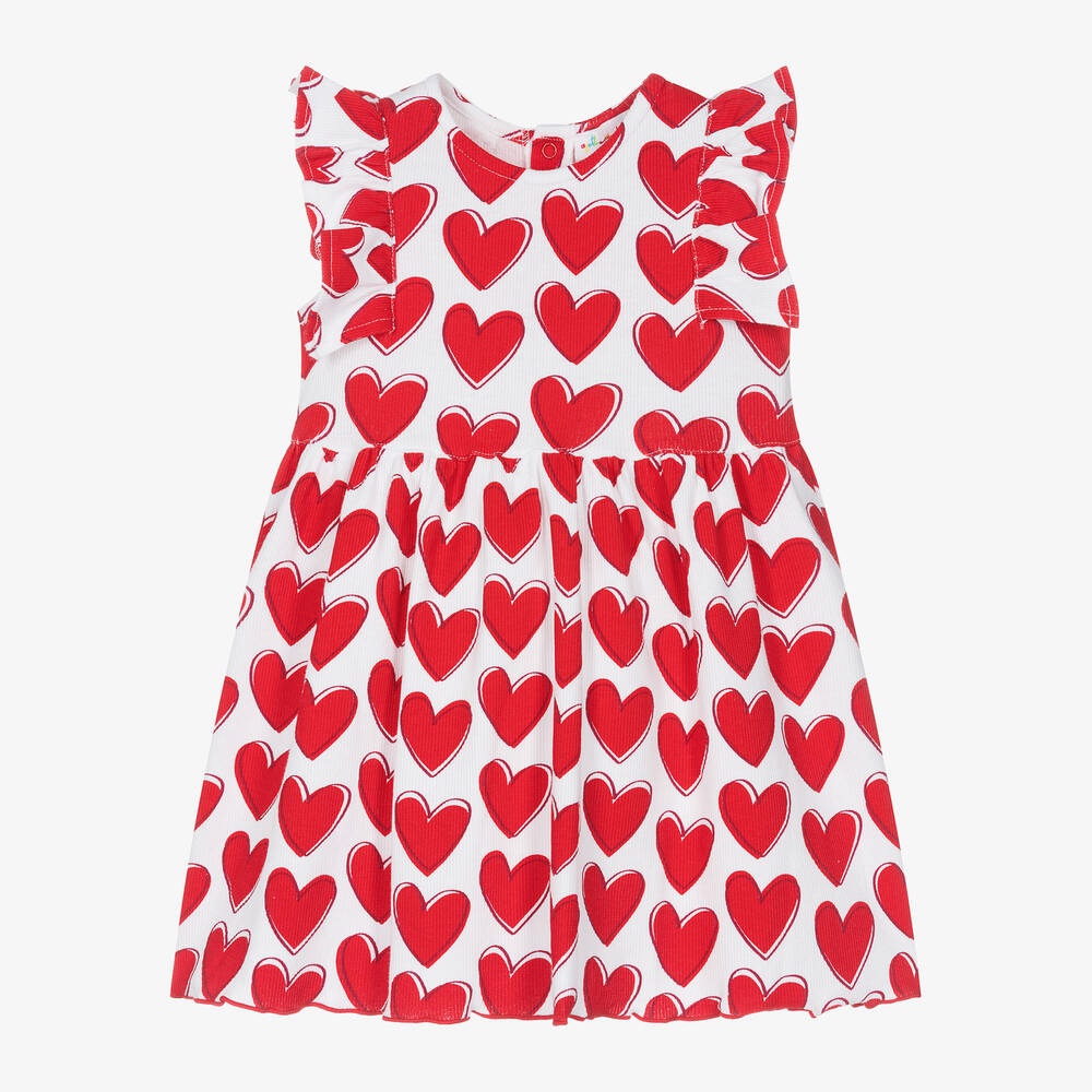 Agatha Ruiz de la Prada - فستان بطبعة قلوب قطن لون أحمر مزين بكشكش | Childrensalon