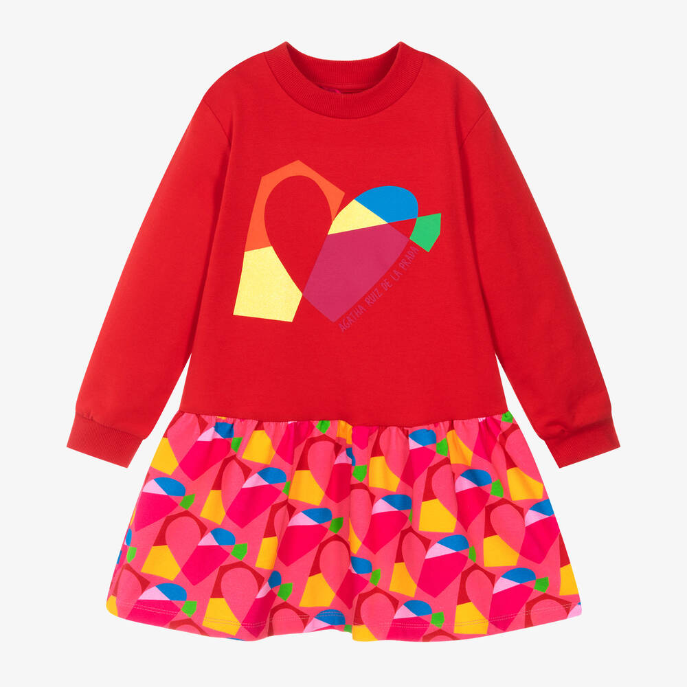 Agatha Ruiz de la Prada - Girls Red Cotton Hearts Sweatshirt Dress | Childrensalon