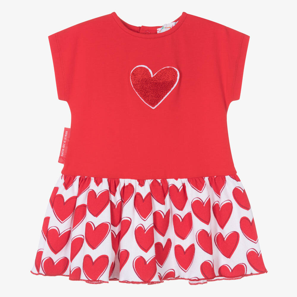 Agatha Ruiz de la Prada - فستان بطبعة قلوب قطن جيرسي لون أبيض وأحمر | Childrensalon