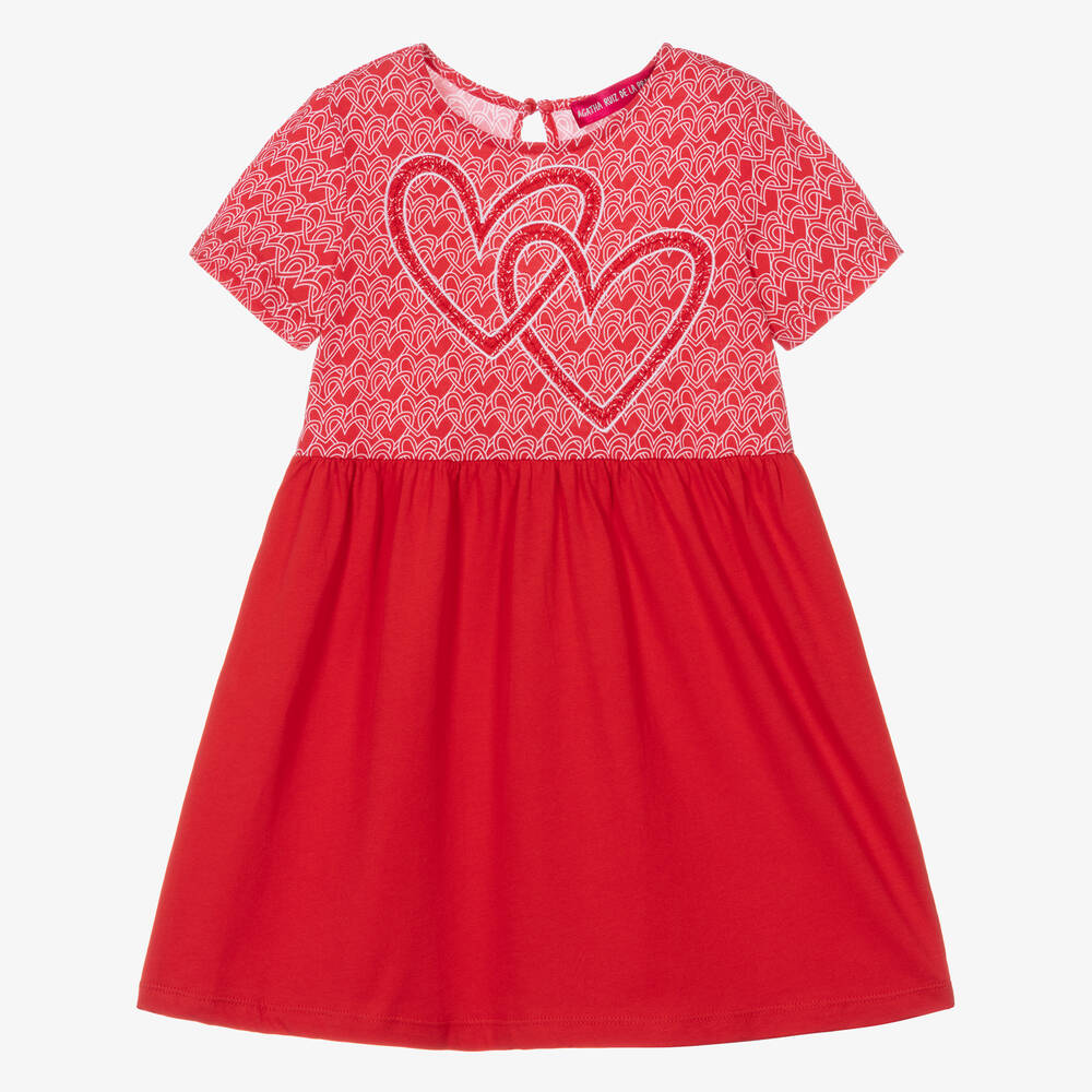 Agatha Ruiz de la Prada - فستان بطبعة قلوب قطن لون أحمر وأبيض | Childrensalon