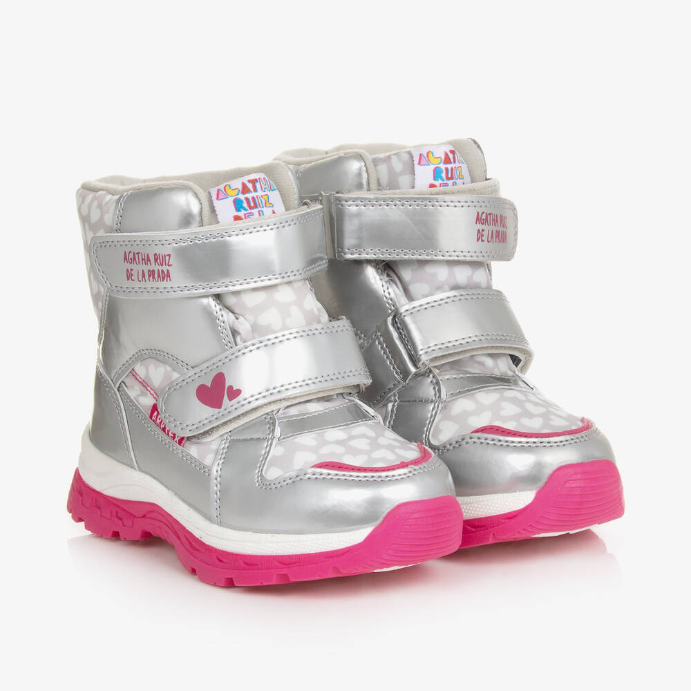 Agatha Ruiz de la Prada - Girls Silver Heart Print Snow Boots | Childrensalon