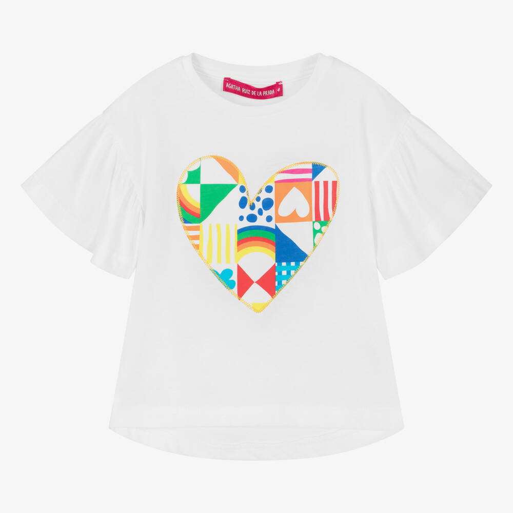 Shop Agatha Ruiz De La Prada Girls White Cotton Abstract Heart T-shirt