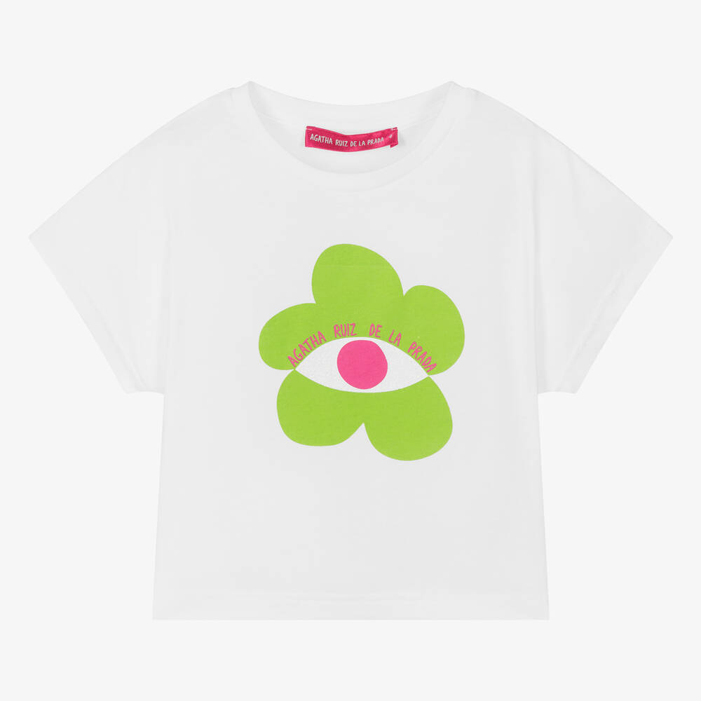 Shop Agatha Ruiz De La Prada Girls White Cotton Flower Eye T-shirt