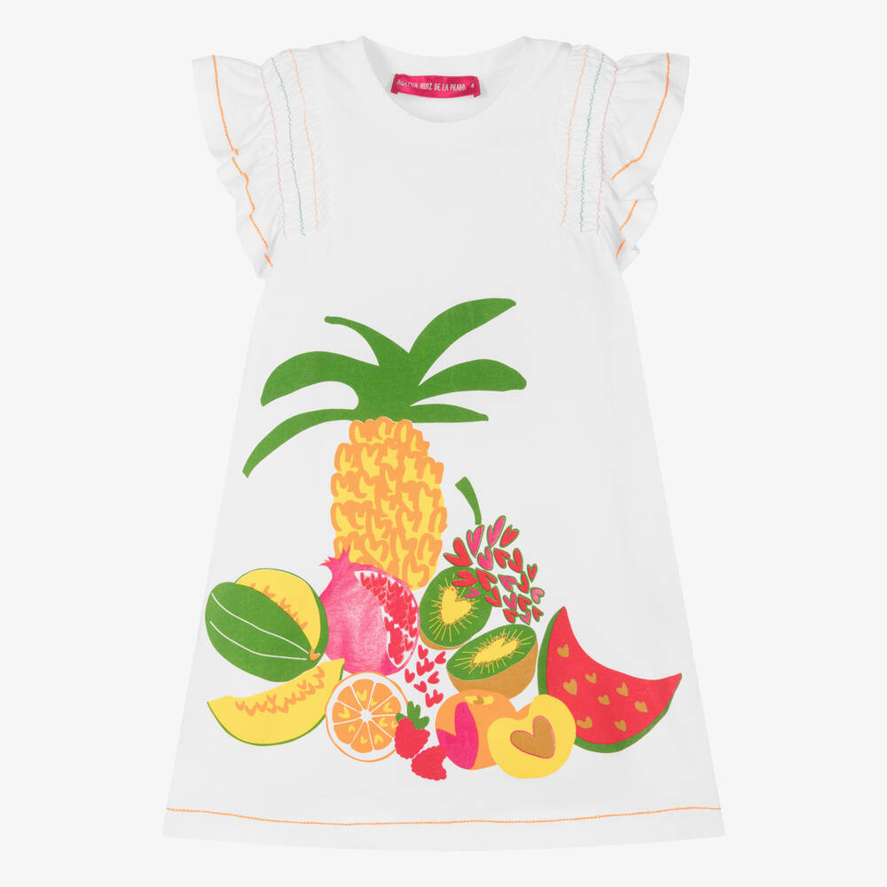 Agatha Ruiz de la Prada - Girls White Cotton Ruffle Fruit Dress | Childrensalon