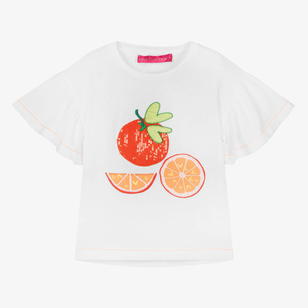 Agatha Ruiz de la Prada - Girls White Cotton Sequin Orange T-Shirt | Childrensalon