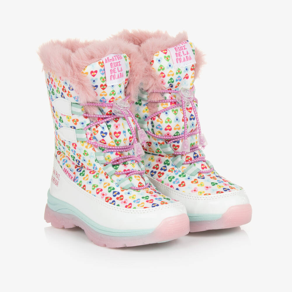 Agatha Ruiz de la Prada - Girls White Heart Print Snow Boots | Childrensalon