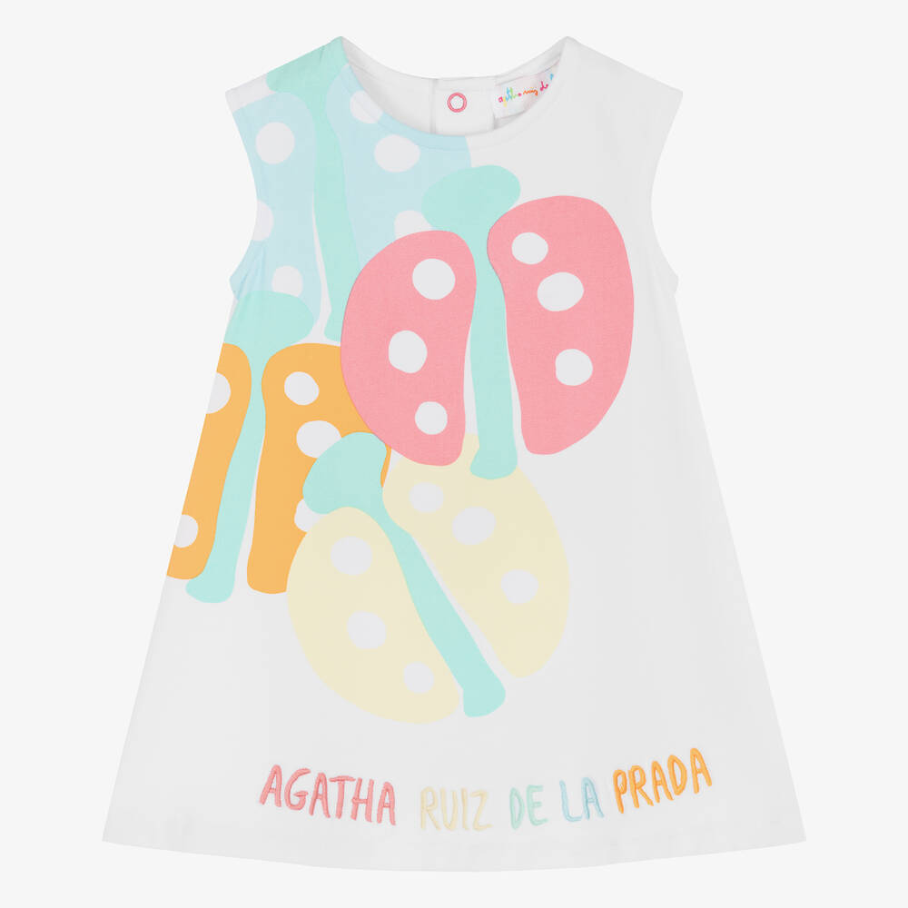 Agatha Ruiz de la Prada - Girls White Ladybird Cotton Dress | Childrensalon