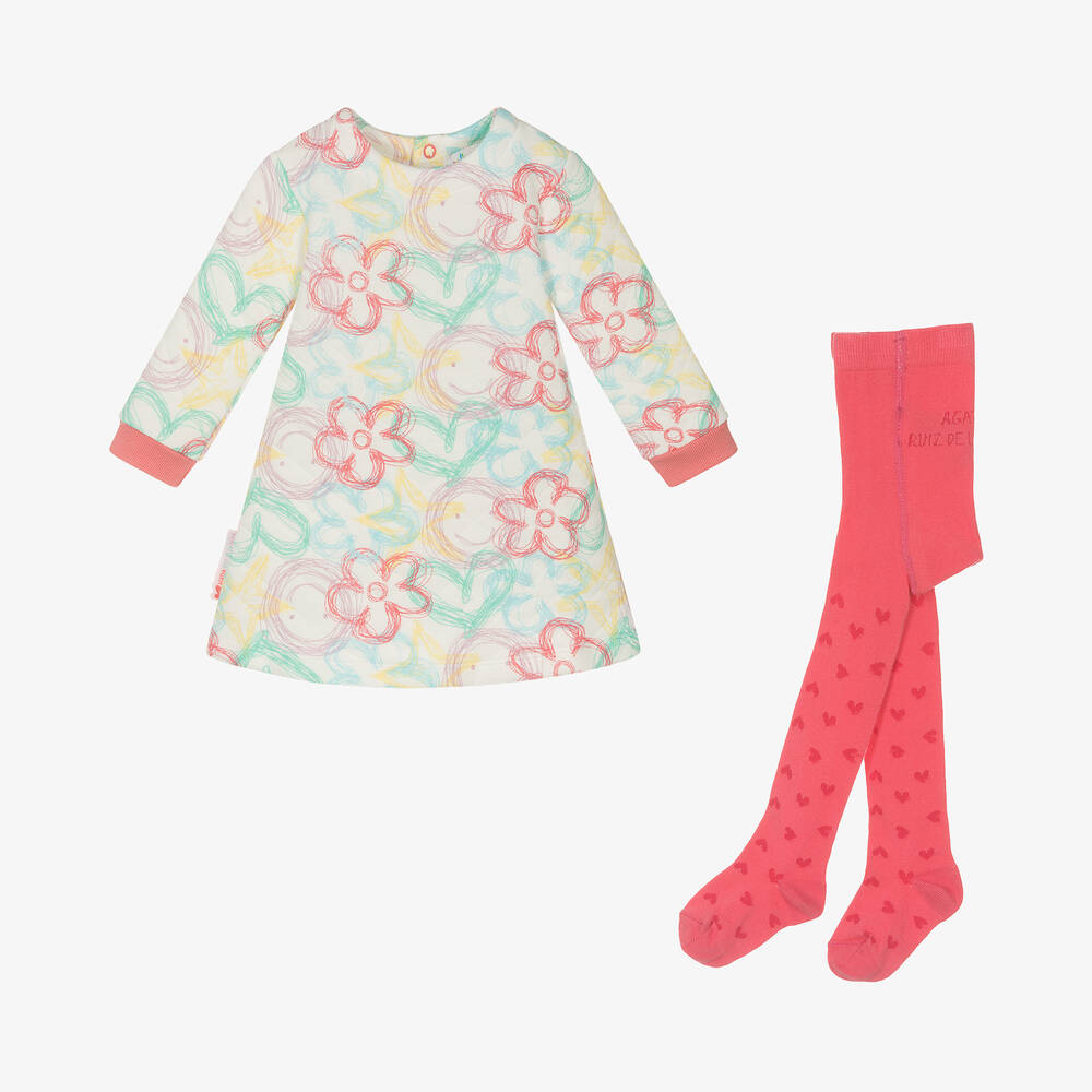 Agatha Ruiz de la Prada - Girls White & Pink Flower Cotton Dress Set | Childrensalon