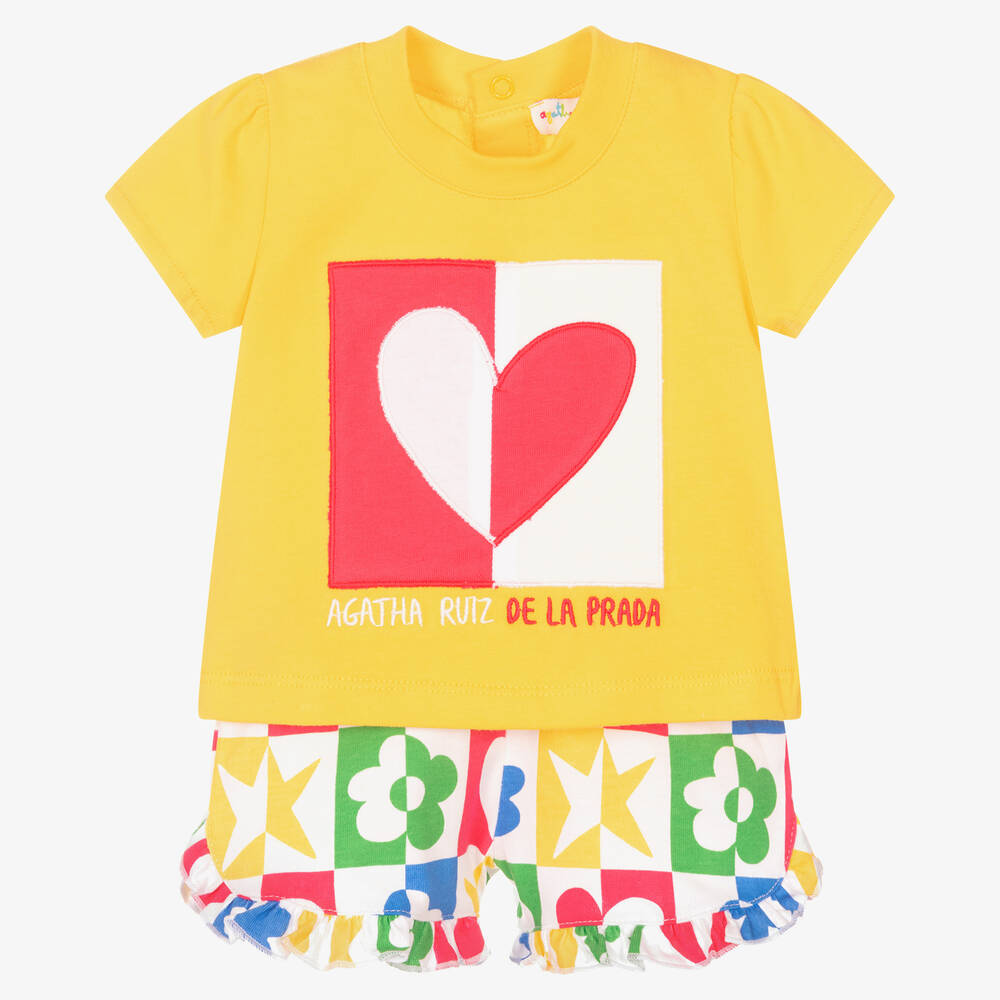 Agatha Ruiz De La Prada Babies'  Girls Yellow Heart Cotton Shorts Set