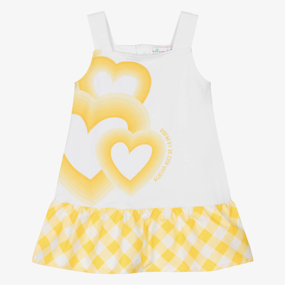 Agatha Ruiz de la Prada - Girls Yellow Heart Print Cotton Dress | Childrensalon