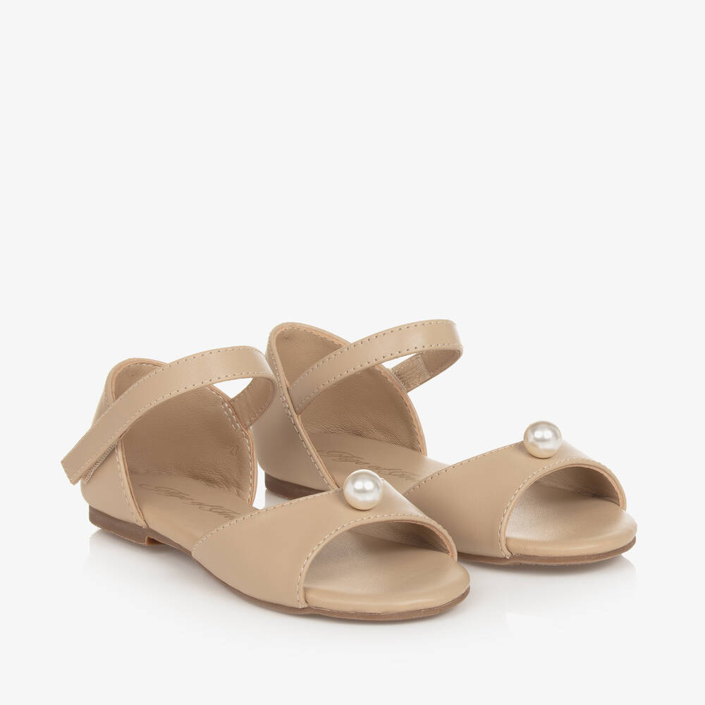 Age of Innocence - Girls Beige Leather & Faux Pearl Sandals | Childrensalon