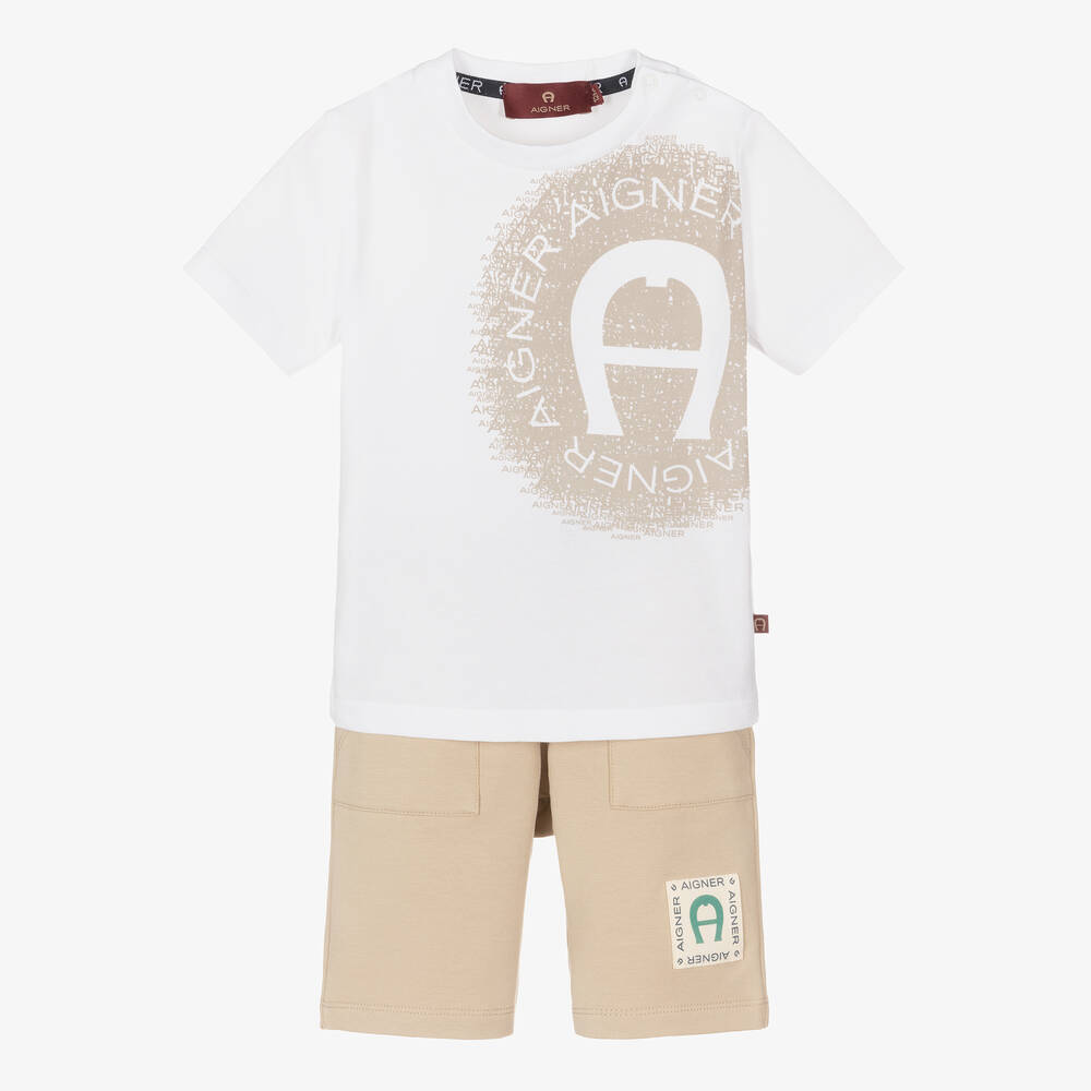 AIGNER - Baby Boys Beige Cotton Jersey Shorts Set | Childrensalon