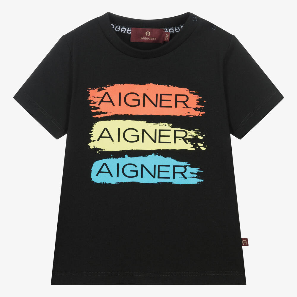 AIGNER - Baby Boys Black Painted Stripes T-Shirt | Childrensalon