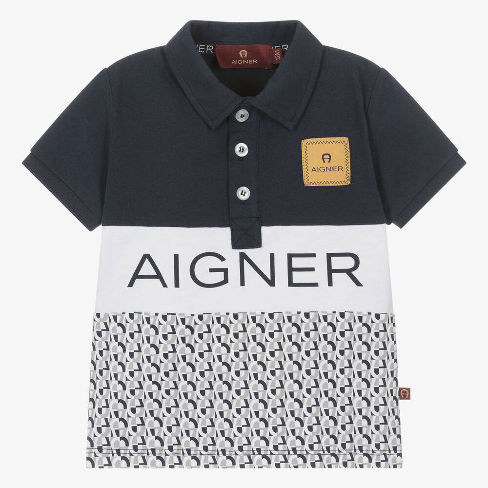 AIGNER - Baby Boys Blue & Gold Cotton Polo Shirt | Childrensalon