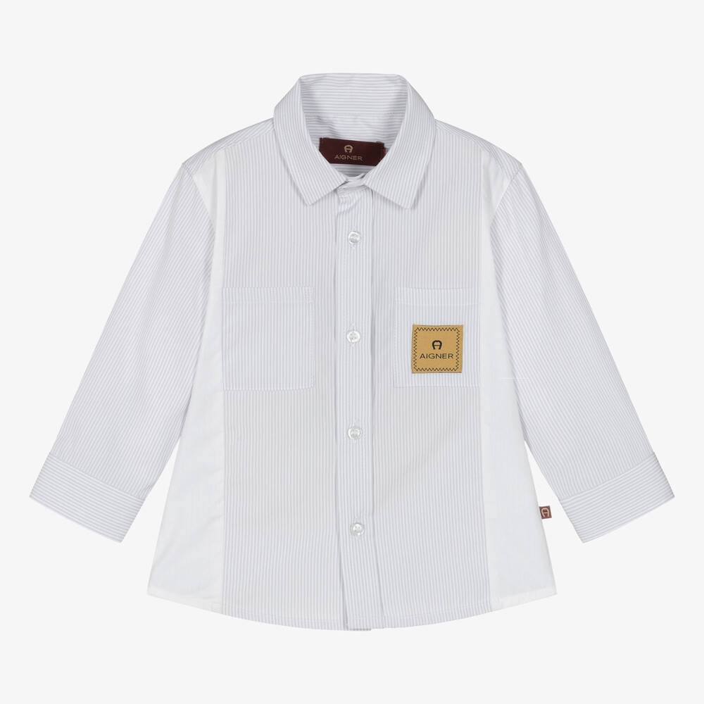 AIGNER - قميص أطفال ولادي قطن بوبلين مقلم لون رمادي | Childrensalon