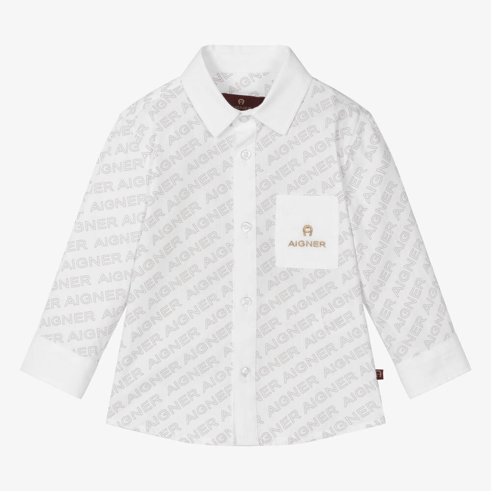 AIGNER - قميص أطفال ولادي قطن بوبلين لون أبيض وبيج | Childrensalon