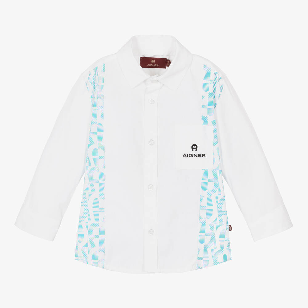 AIGNER - قميص أطفال ولادي قطن لون أبيض وأزرق | Childrensalon