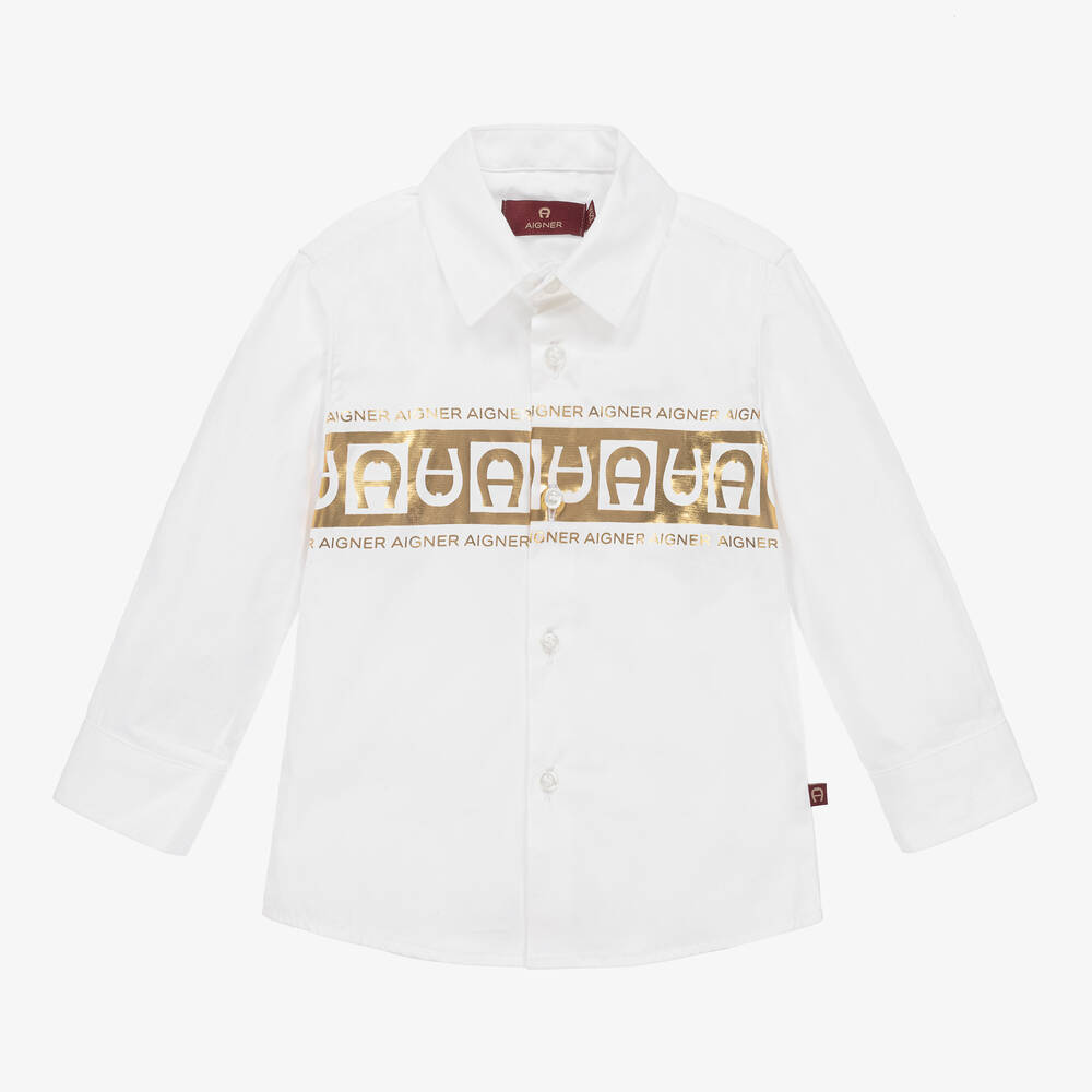 AIGNER - Baby Boys White & Gold Cotton Shirt | Childrensalon
