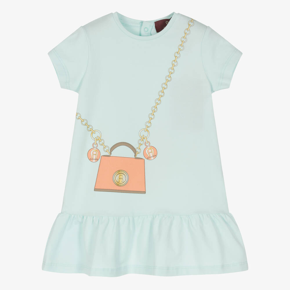 AIGNER - Голубое платье из хлопка с золотистым принтом-сумкой  | Childrensalon