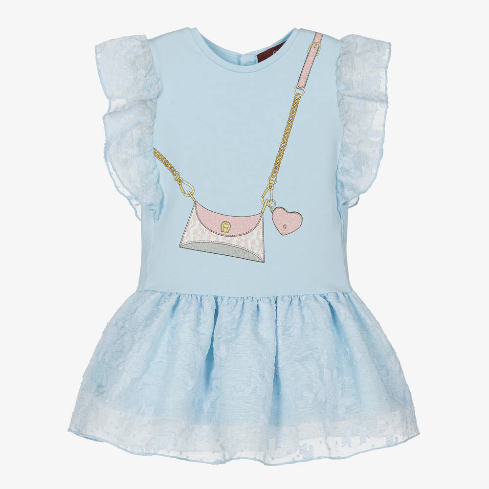 AIGNER - Голубое блестящее платье с принтом-сумкой | Childrensalon