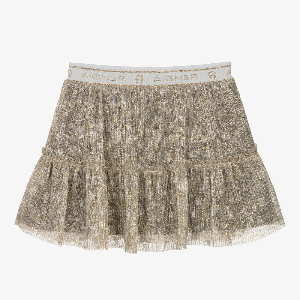 AIGNER - Золотистая многоярусная плиссированная юбка в горошек | Childrensalon