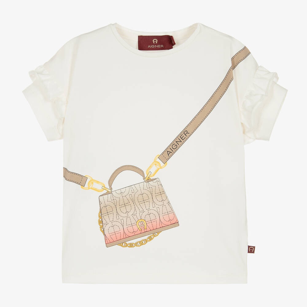 AIGNER - Baby Girls Ivory Cotton Bag Print T-Shirt | Childrensalon
