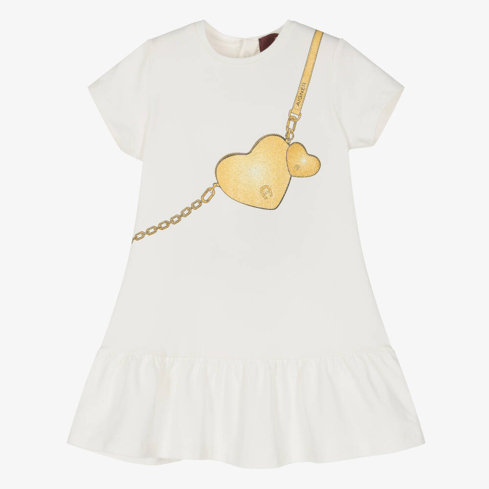 AIGNER - Baby Girls Ivory & Gold Cotton Dress | Childrensalon