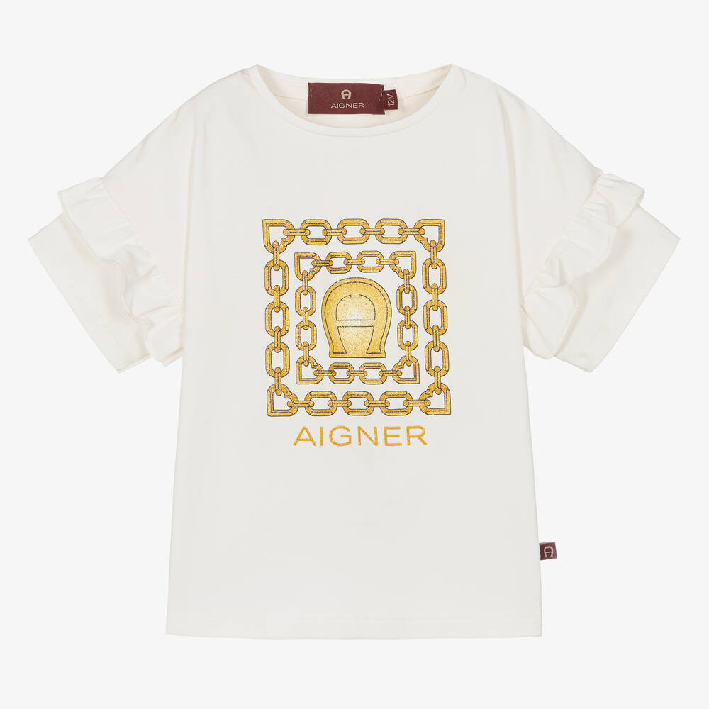 AIGNER - Кремовая хлопковая футболка с золотистым декором для малышек | Childrensalon
