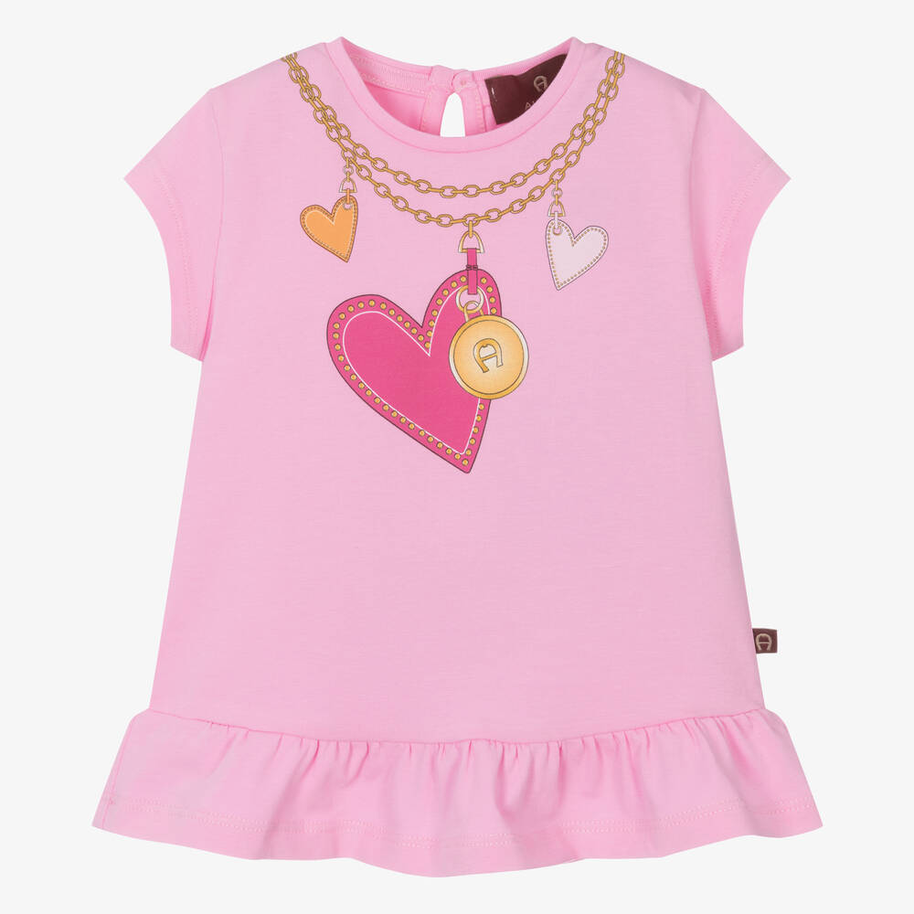 AIGNER - Baby Girls Pink Cotton Heart & Cahin T-Shirt | Childrensalon