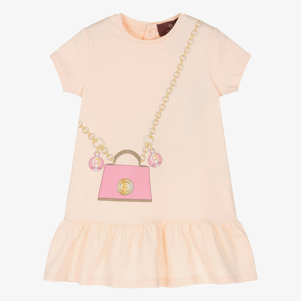 AIGNER - Розовое хлопковое платье с золотистым принтом для малышек | Childrensalon