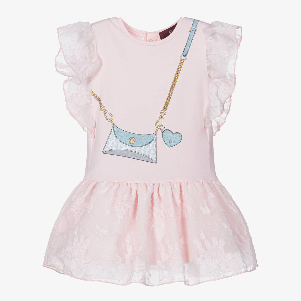 AIGNER - Розовое блестящее платье с принтом-сумкой | Childrensalon