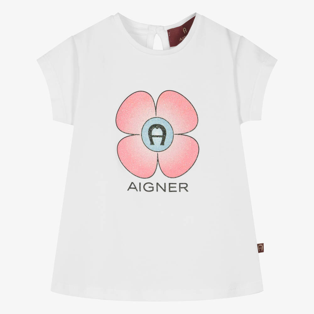 AIGNER - Белая хлопковая футболка с цветком для малышек | Childrensalon