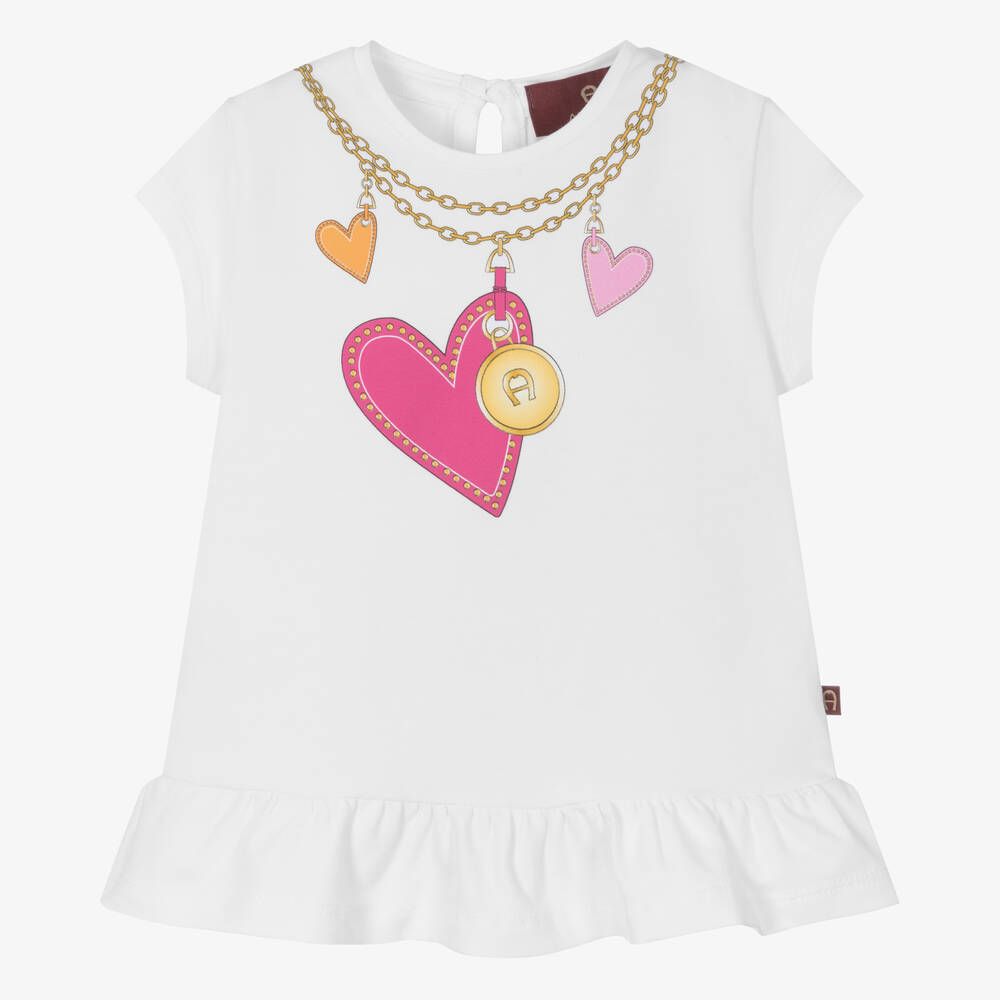 AIGNER - Baby Girls White Cotton Heart Chain T-Shirt | Childrensalon