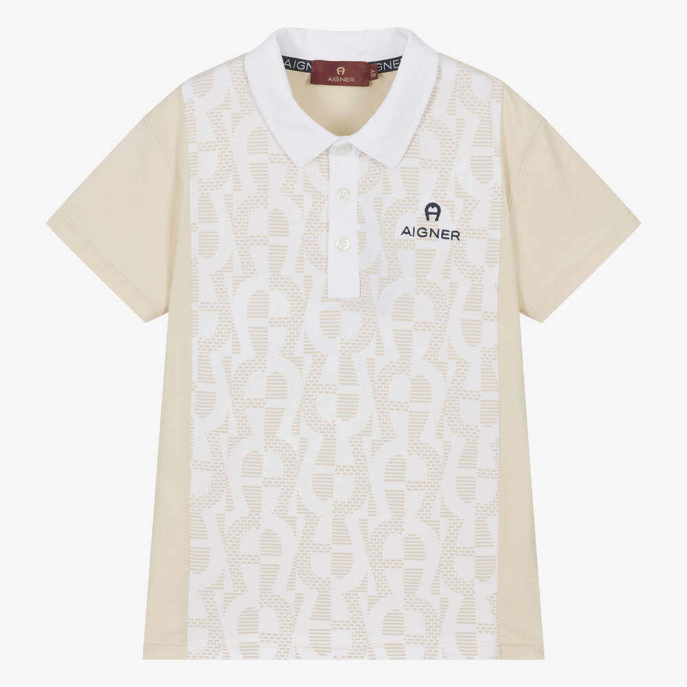 AIGNER - Boys Beige Cotton Horseshoe Polo Shirt | Childrensalon
