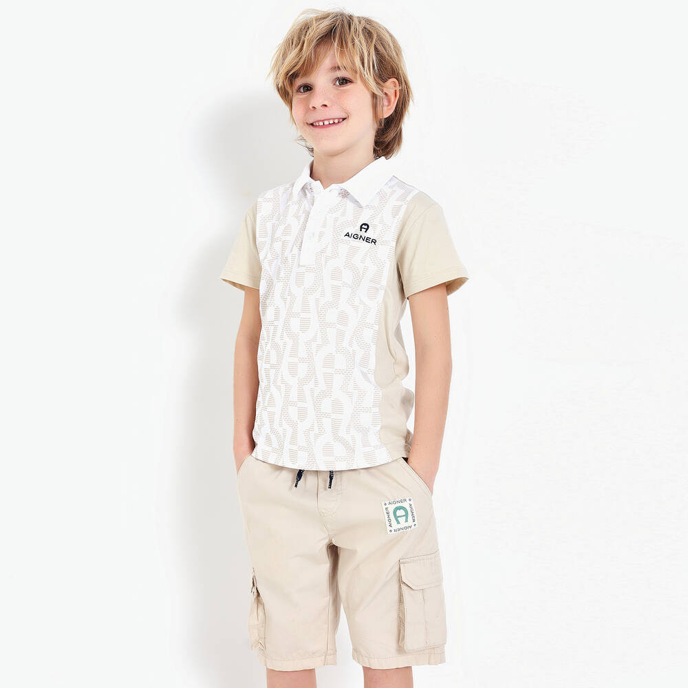 AIGNER-Boys Beige Cotton Horseshoe Polo Shirt | Childrensalon